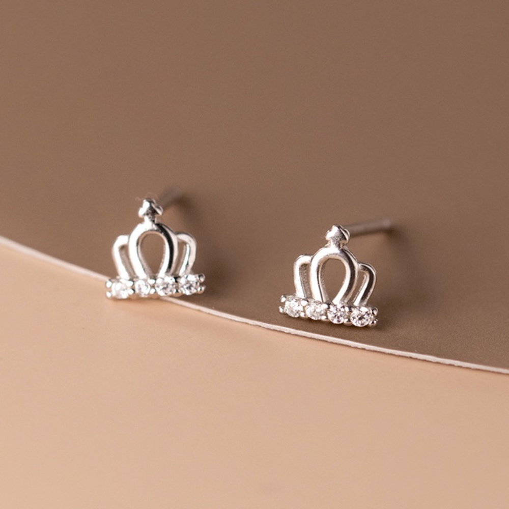 Sterling Silver Crown Stud Earrings Princess Crown Rhinestone Stud Earrings